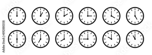 Clock icon set. Every hour and timer. Vector illustration