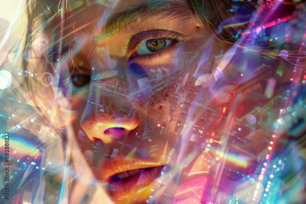 Closeup of a woman's face with iridescent light reflections creating a futuristic effect