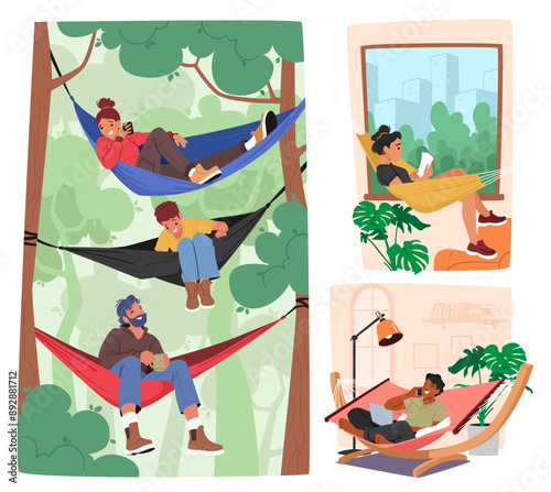 Diverse People Relaxing In Hammocks Both Outdoors And Indoors Portray A Sense Of Leisure, Relaxation, And Tranquility