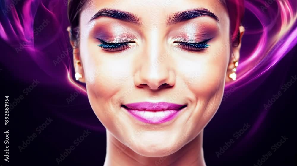 A closeup of a face with eyes shut tight and a serene smile as colorful patterns and lights swirl around them indicating the astral projection process.