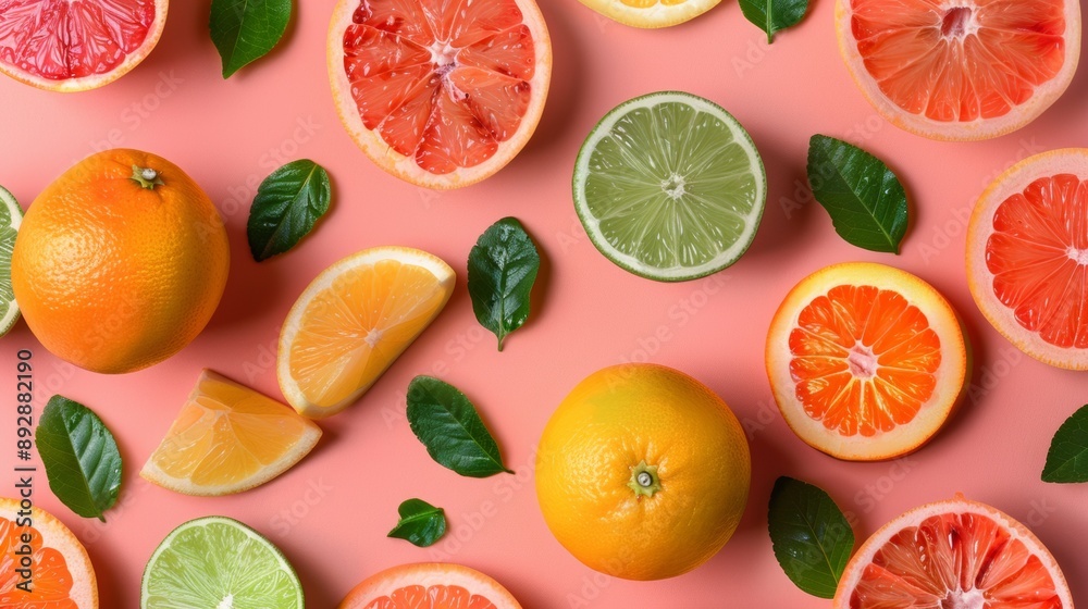 Assorted Citrus Fruits on Pink Background Assorted Citrus Fruits on Pink Background