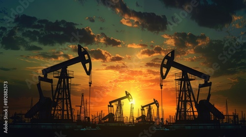 Oil Prices Drop. Saudi Price War & Oil Market Prices Drop Concept. Silhouette of Oil Pumps & Drilling Derricks in Sunset Background