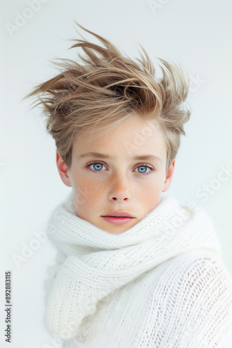 Close-up portrait of a child with tousled blonde hair, blue eyes, and white knitwear. Winter fashion and innocence concept.