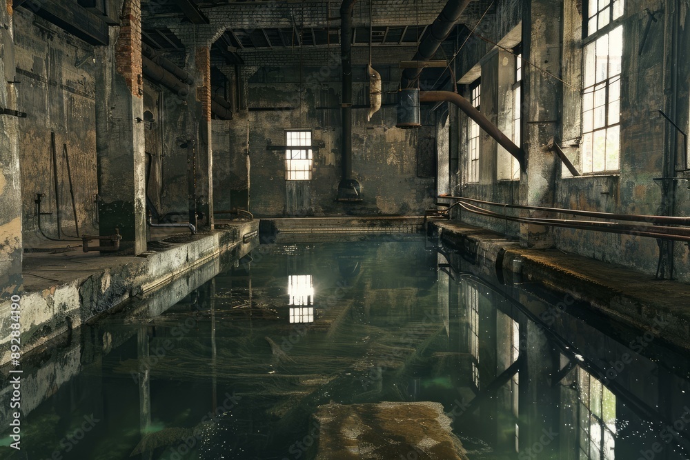 Eerie abandoned pool reflecting the decay inside a dilapidated industrial building Eerie abandoned pool reflecting the decay inside a dilapidated industrial building