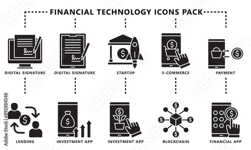 Financial technology black outline icons pack, contain digital signature, peer to peer landing, ecommerce and more. vector EPS 10. use for UI,UX financial theme, app and web development.