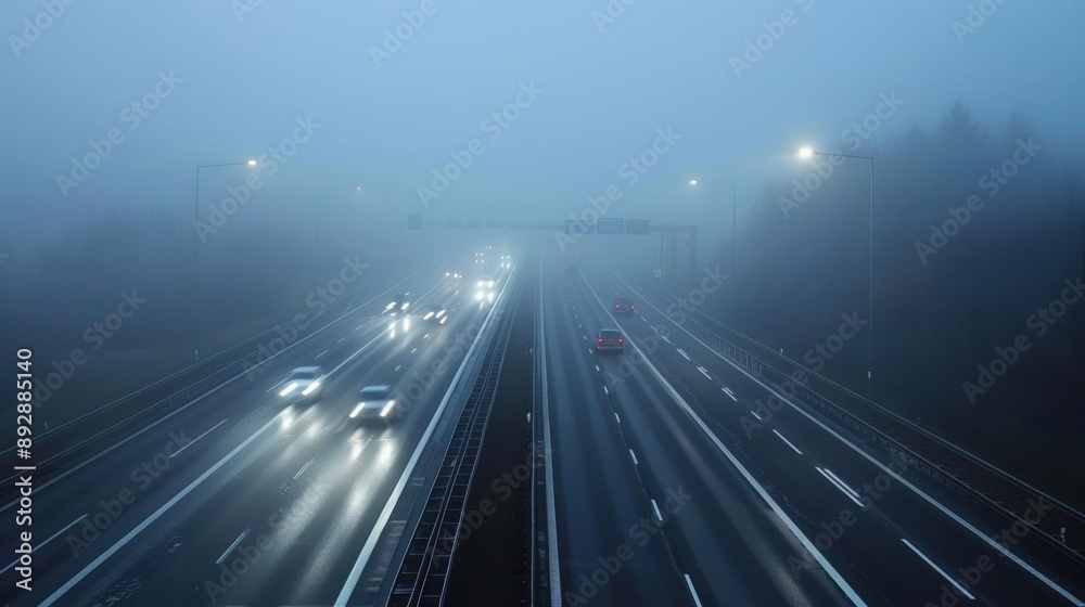 Highway in the fog, mysterious landscape, light traffic, surreal atmosphere Highway in the fog, mysterious landscape, light traffic, surreal atmosphere