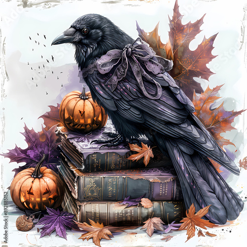 Elegant raven perched on antique books surrounded by pumpkins and autumn leaves. A perfect gothic-style Halloween illustration for seasonal decor, event flyers, or spooky branding designs photo