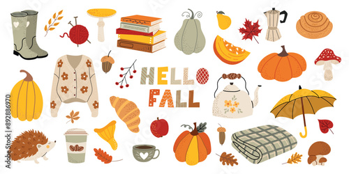 Large vector fall set. Autumn season. Cozy sweater, pumpkin, mushroom, coffee, books, hedgehog, umbrella, leaves, acorns. Collection of fall elements for scrapbooking. Hand drawn style. Banner, poster