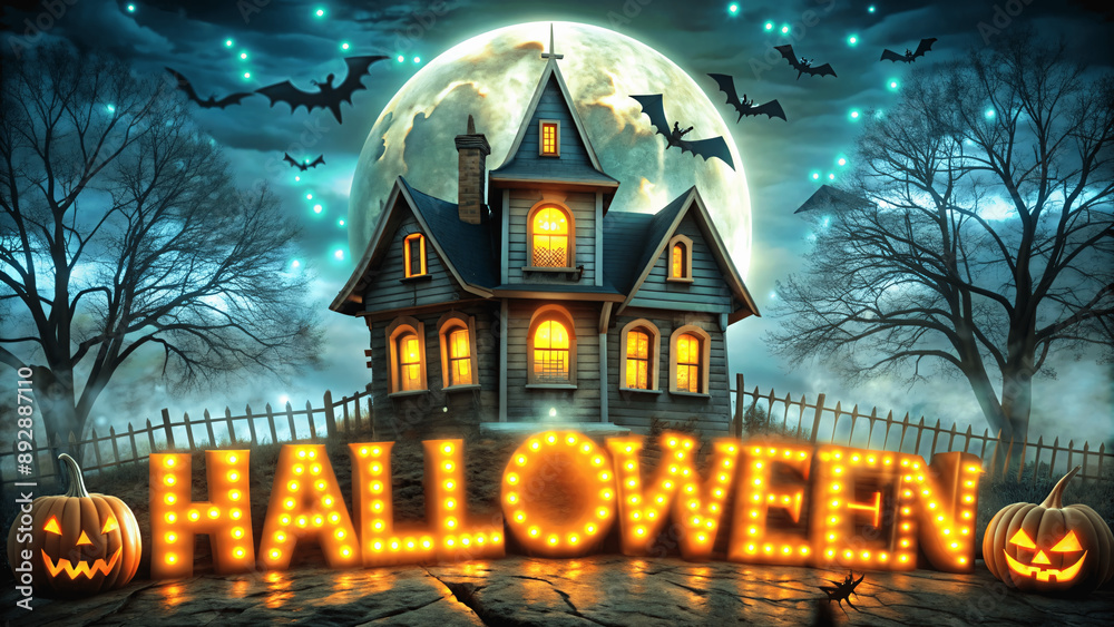 Halloween banner with glowing halloween text and spooky scarey pumpkins, horror house, wolf moon, bat tombstone Halloween banner with glowing halloween text and spooky scarey pumpkins, horror house, wolf moon, bat tombstone
