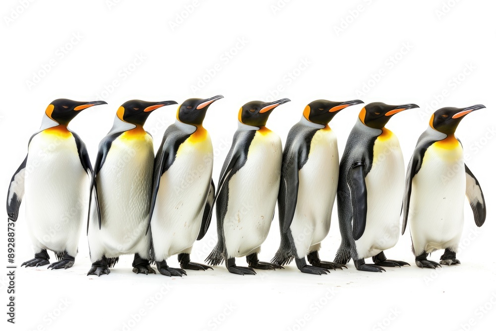 Obraz premium Antarctica King Penguin Colony. Group of Wild Penguins Standing Together on White Background