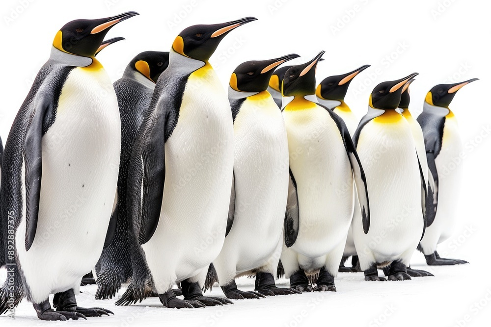 Fototapeta premium Antarctica King Penguin Colony. Group of Wild Penguins on Isolated White Background