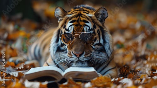 Tiger Reading a Book in Fall photo