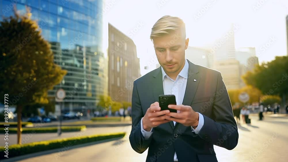 Business man walking street texting on phone Business man walking street texting on phone