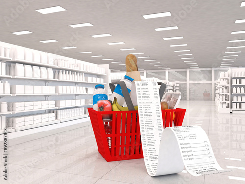 Shopping basket full of groceries and long receipts in the supermarket. 3d rendering illustration photo