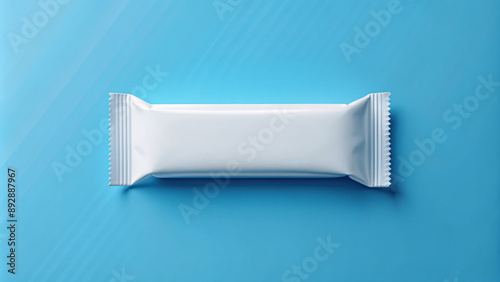Top view of white bar snack packaging template design on ligh blue background
