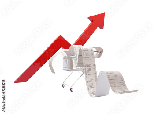 Shopping cart with receipt and red arrow going up isolate on white. 3d rendering illustration photo