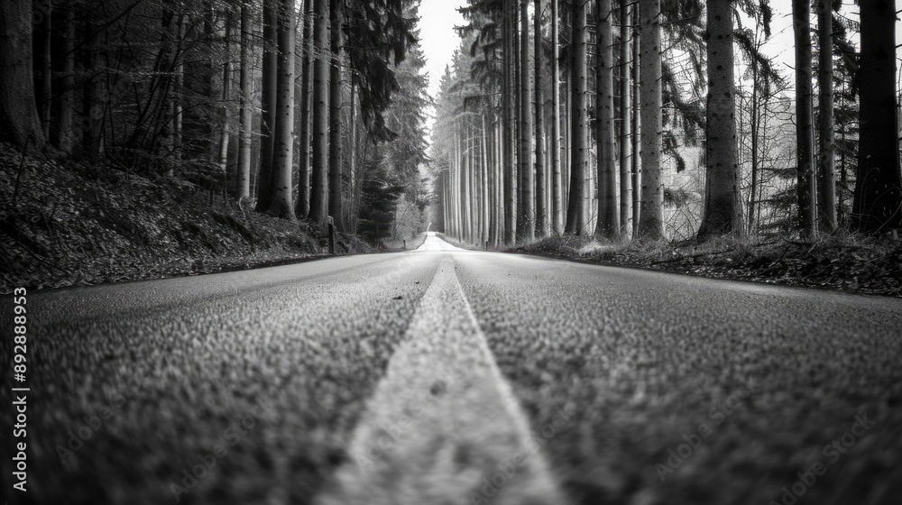 Obraz premium Evergreen Tree Outline. Road Through Forest in Odenwald, Hesse, Germany