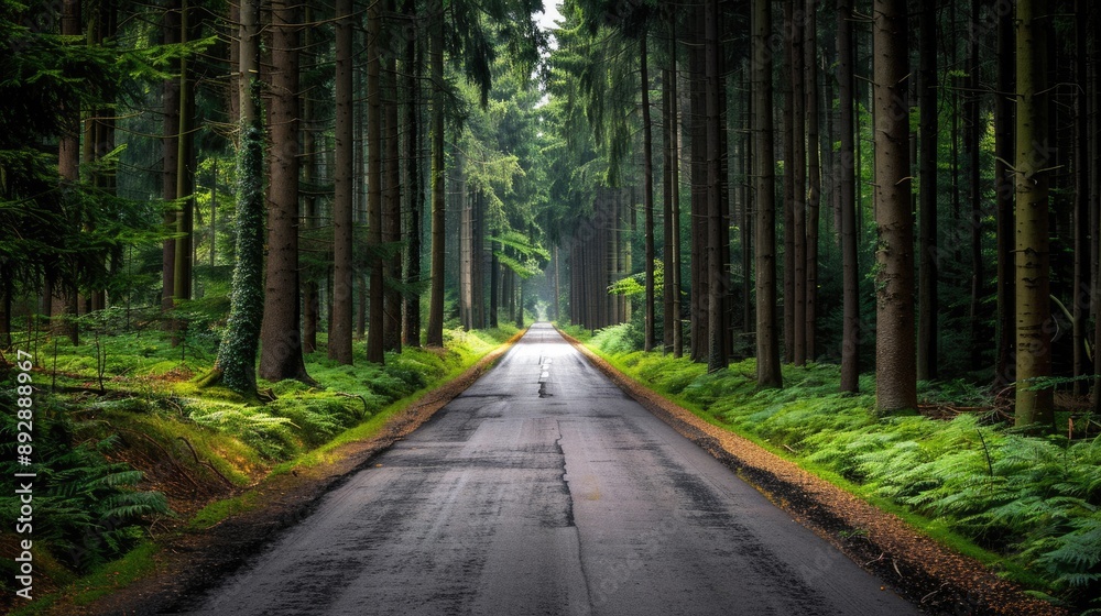 Obraz premium Evergreen Tree Outline. Road Through Odenwald Forest in Hesse, Germany