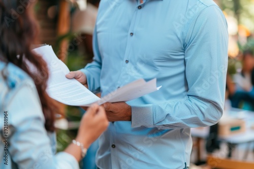 Business professionals discussing documents in an outdoor setting. Casual attire with focus on papers. Perfect for corporate themes and business communication concepts. Generative AI