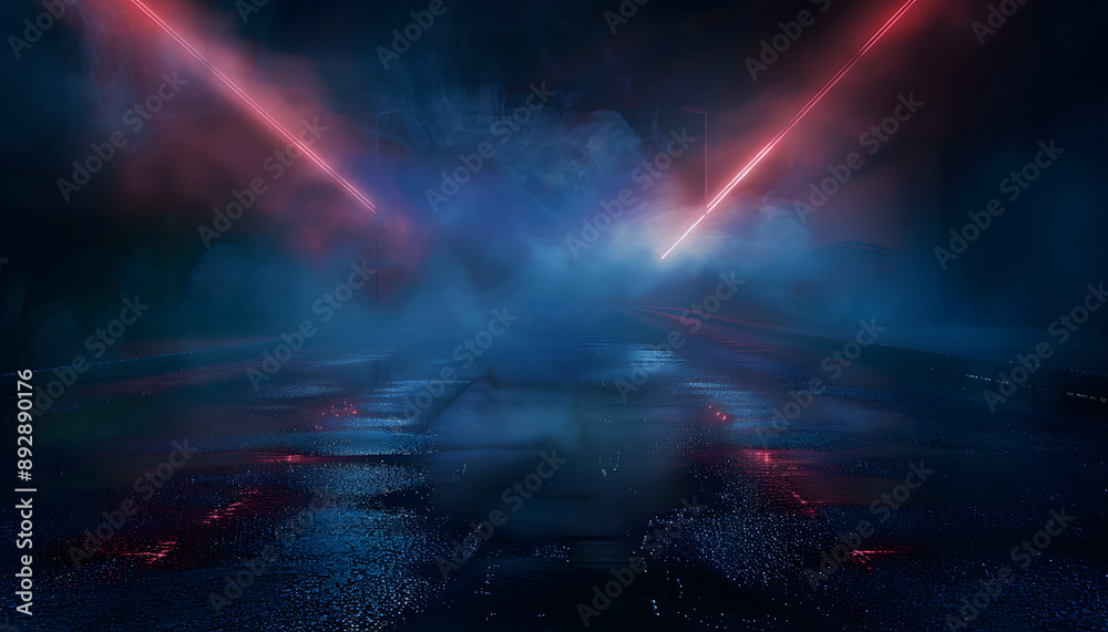 Dark street, wet asphalt, reflections of rays in the water. Abstract dark blue background, smoke, smog. Empty dark scene, neon light, spotlights. Concrete floor Dark street, wet asphalt, reflections of rays in the water. Abstract dark blue background, smoke, smog. Empty dark scene, neon light, spotlights. Concrete floor