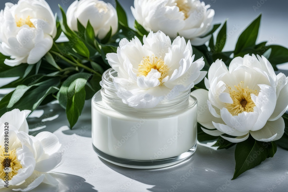 close up of collagen cream in glass jar and peony flowers on marble background. skin and body care beauty products. Mockup . AI Generated