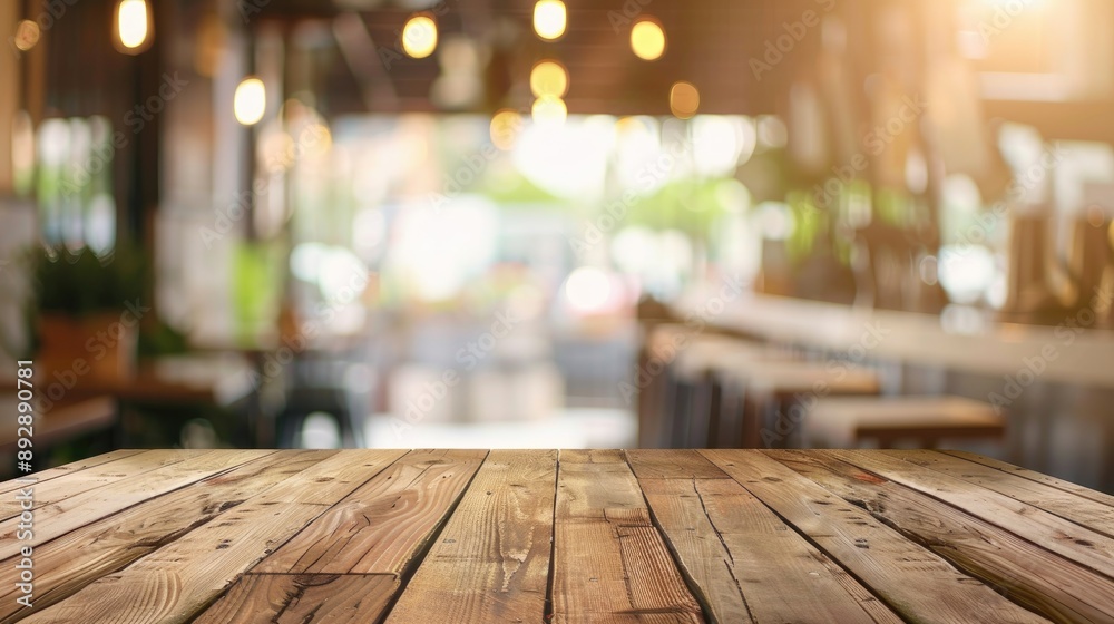 Wooden table empty with blurred cafe backdrop ideal for showcasing products Wooden table empty with blurred cafe backdrop ideal for showcasing products