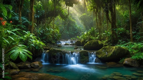 A lush rainforest with a small waterfall and tropical plants. generative AI.