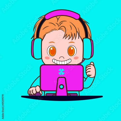 This vector drawing features a young gamer with a modern and energetic appearance. The child is dressed in casual clothing and wearing large headphones that highlight his passion for gaming.