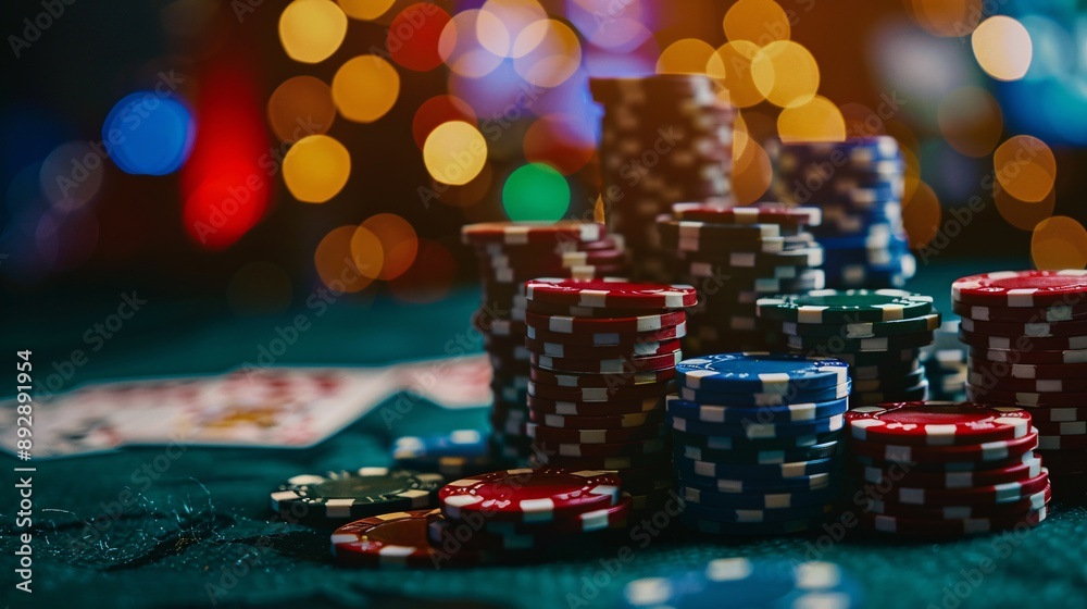 Poker chips on the table with bokeh background. Casino concept. Casino equipment. Poker chips on the table with bokeh background. Casino concept. Casino equipment.