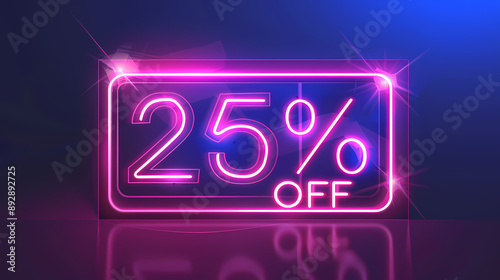 Neon 25% OFF sign: futuristic holographic style with a dark background and a glowing effect.