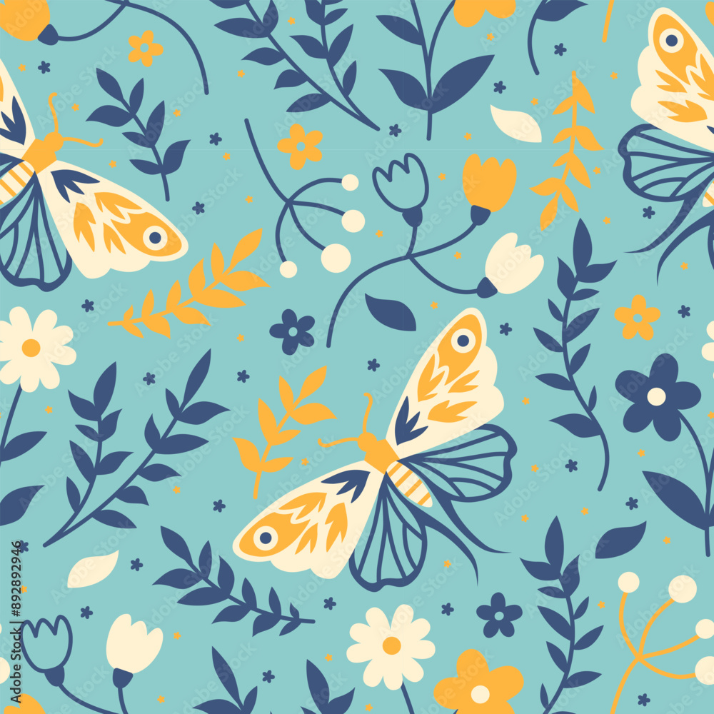 Pastel rural seamless pattern featuring butterflies, herbs and flowers on a blue background. Nature-inspired fabric, village background, textile swatch Pastel rural seamless pattern featuring butterflies, herbs and flowers on a blue background. Nature-inspired fabric, village background, textile swatch