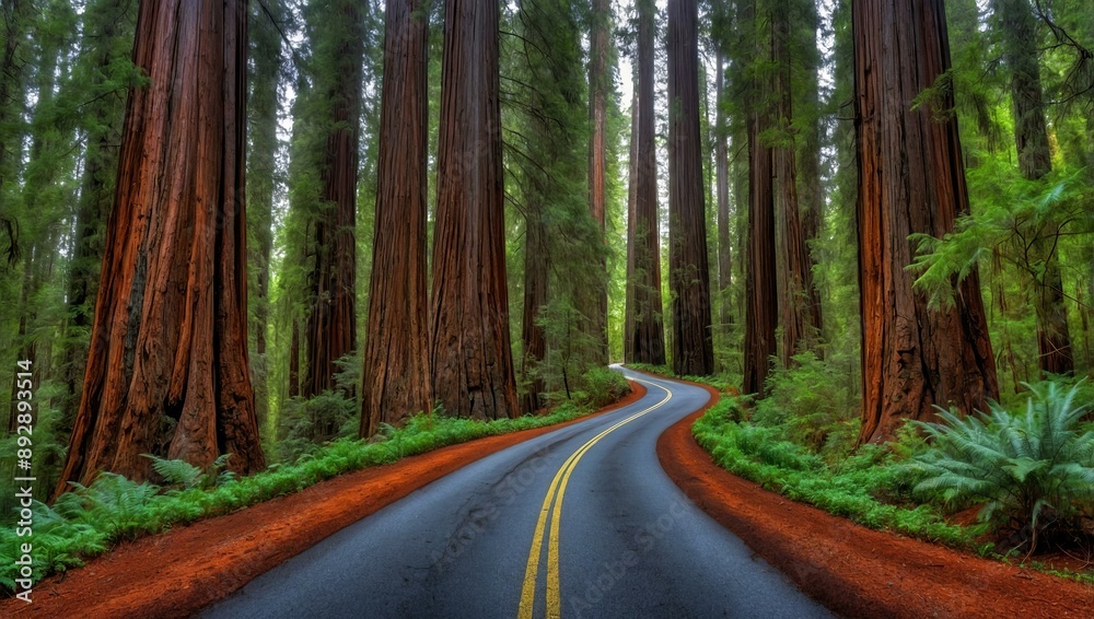 Obraz premium A winding road through a forest of tall redwoods. generative AI.