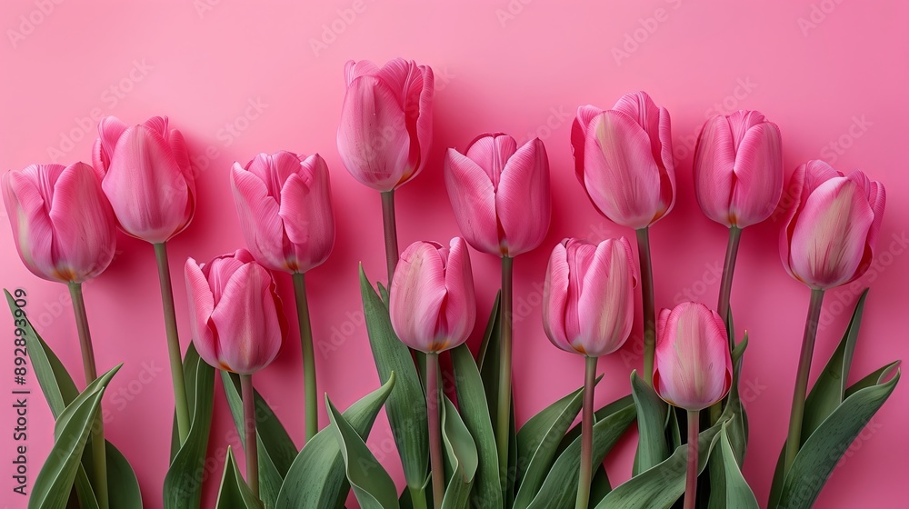 A Beautiful Arrangement of Pink Tulips Displayed Against a Soft Pink Background A Beautiful Arrangement of Pink Tulips Displayed Against a Soft Pink Background