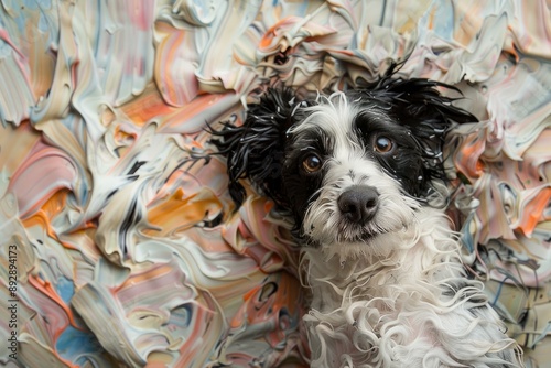 Black and white puppy gazes intently against a colorful swirlpattern backdrop photo