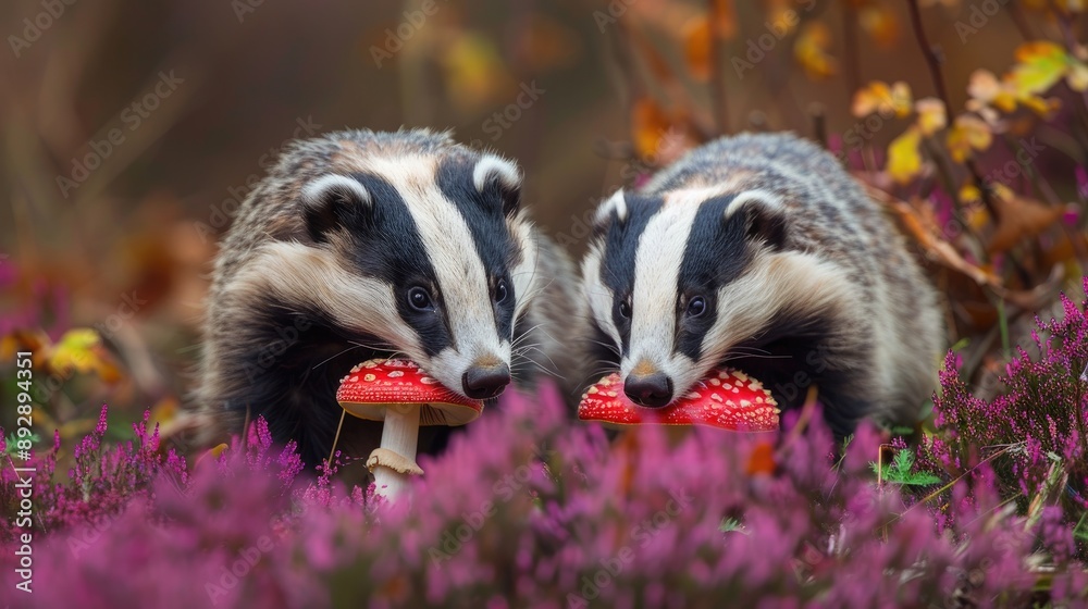 Obraz premium Wild European badgers foraging in Autumn with purple heather and red Fly Agaric mushroom in close up front facing with empty space Horizontal orientation