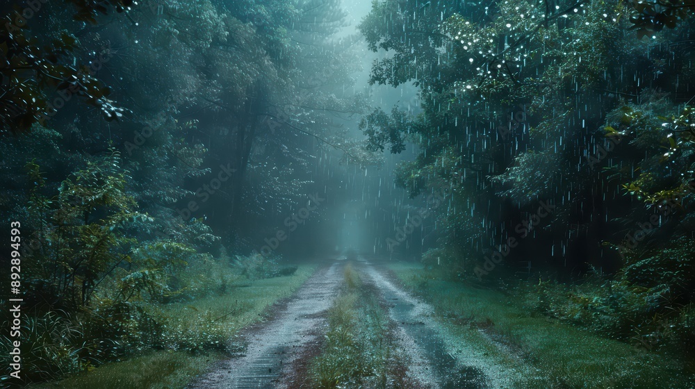 Obraz premium A captivating photograph of a forest path during rainfall