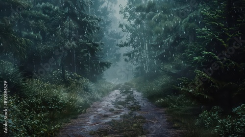 A captivating photograph of a forest path during rainfall