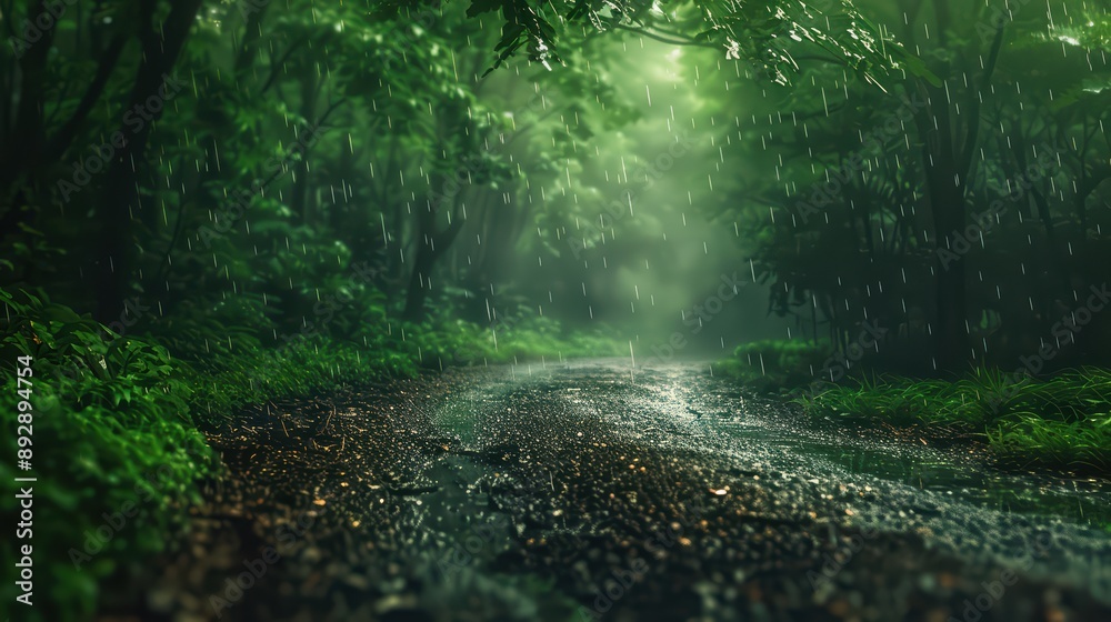 Obraz premium A captivating photograph of a forest path during rainfall