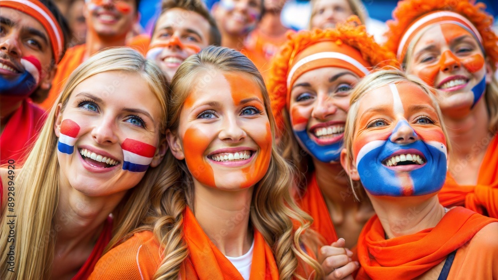 A group of fans watching the 2024 Olympic Summer Games, wearing makeup in the colors of the Dutch flag A group of fans watching the 2024 Olympic Summer Games, wearing makeup in the colors of the Dutch flag