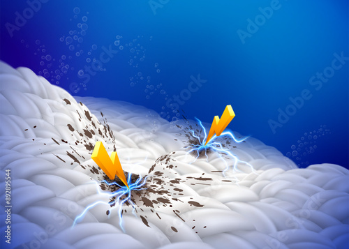 Power to quickly remove stains Deeply cleans enlarged fabric fibers, blood stains, coffee stains, sauces. For advertisements, detergents, cleaner, bleach white. Realistic vector illustration.