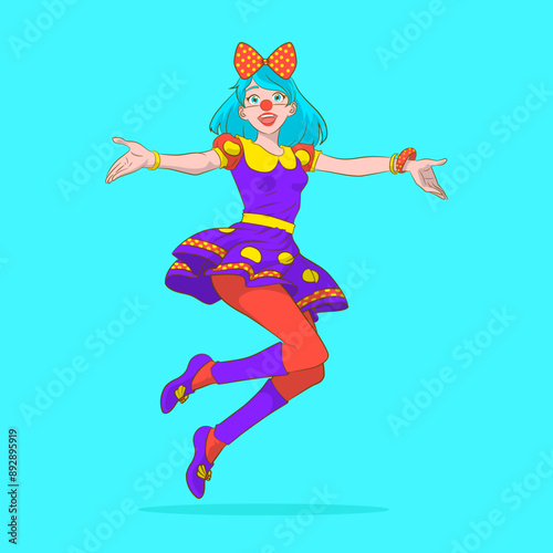 This drawing features a charming clown character in an anime style, highlighted by a vibrant mix of warm colors.