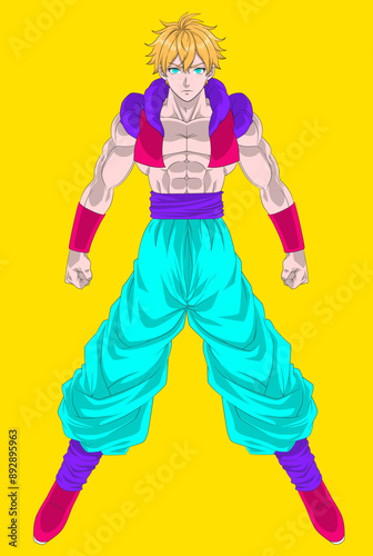 Muscular Anime Warrior Vector" is a stunning digital illustration featuring a powerful anime-style warrior. With defined muscles and a heroic stance, this character exudes strength and bravery