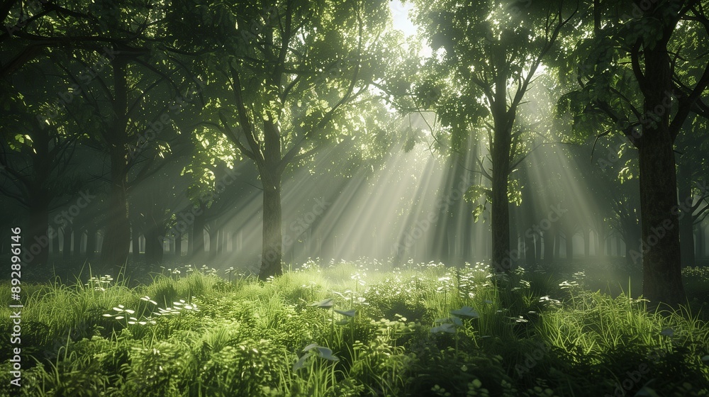Beautiful rays of sunlight in a green forest. landscape.