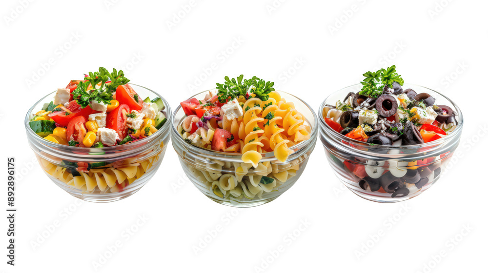 Collection Of Varieties Of Pasta Salads Italian Greek And Mediterranean For Picnics isolated on transparent background. Generative ai