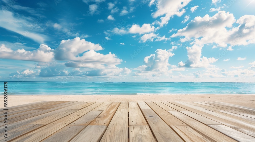 Wooden floor or plank on sand beach in summer. for product display.calm sea and blue sky background. landscape. Wooden floor or plank on sand beach in summer. for product display.calm sea and blue sky background. landscape.