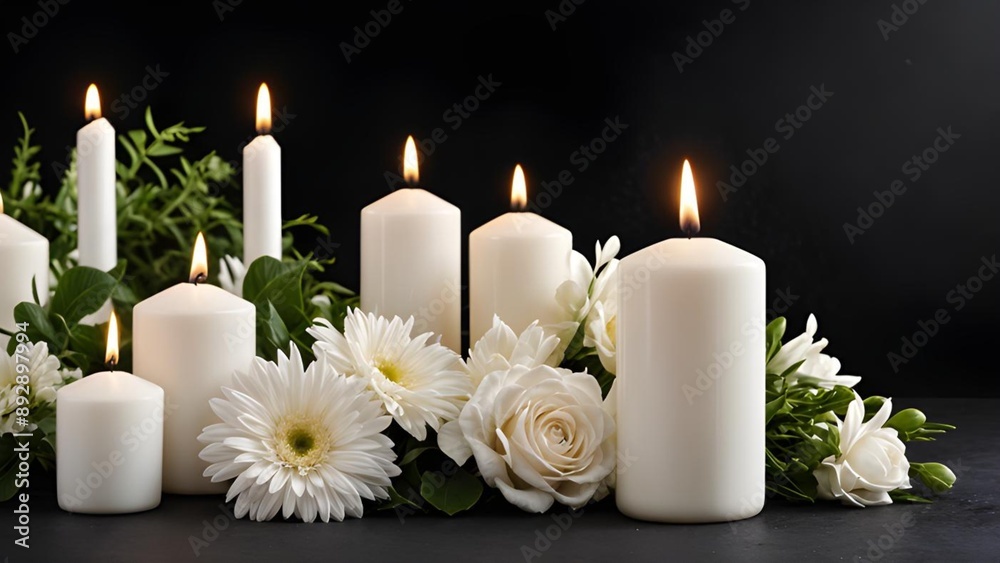 White candles and flowers on black panoramic background with copy space, wallpaper White candles and flowers on black panoramic background with copy space, wallpaper