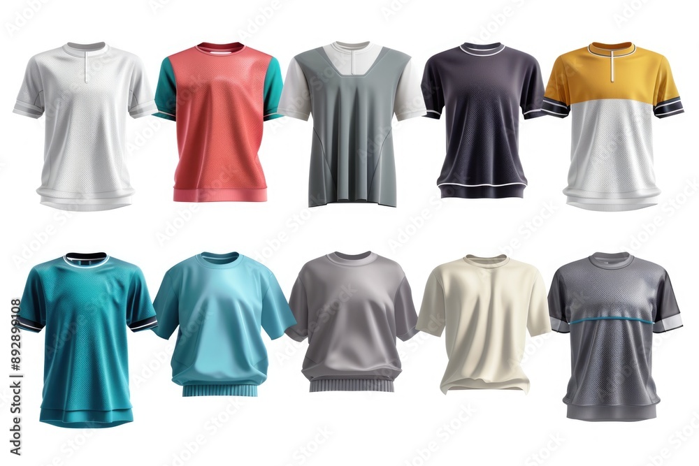 A collection of colorful t-shirts displayed on a clean white surface A collection of colorful t-shirts displayed on a clean white surface