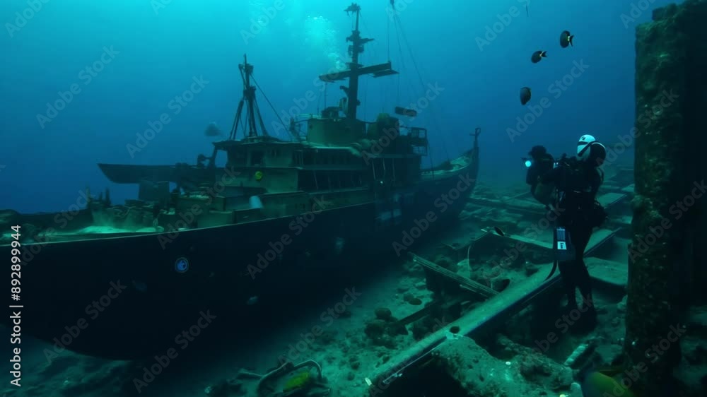 Scuba divers investigating a submerged metal wreck on the ocean floor Scuba divers investigating a submerged metal wreck on the ocean floor