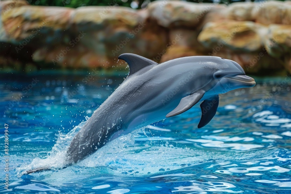 Naklejka premium Dolphin elegantly jumps against a backdrop of rocks and pool water