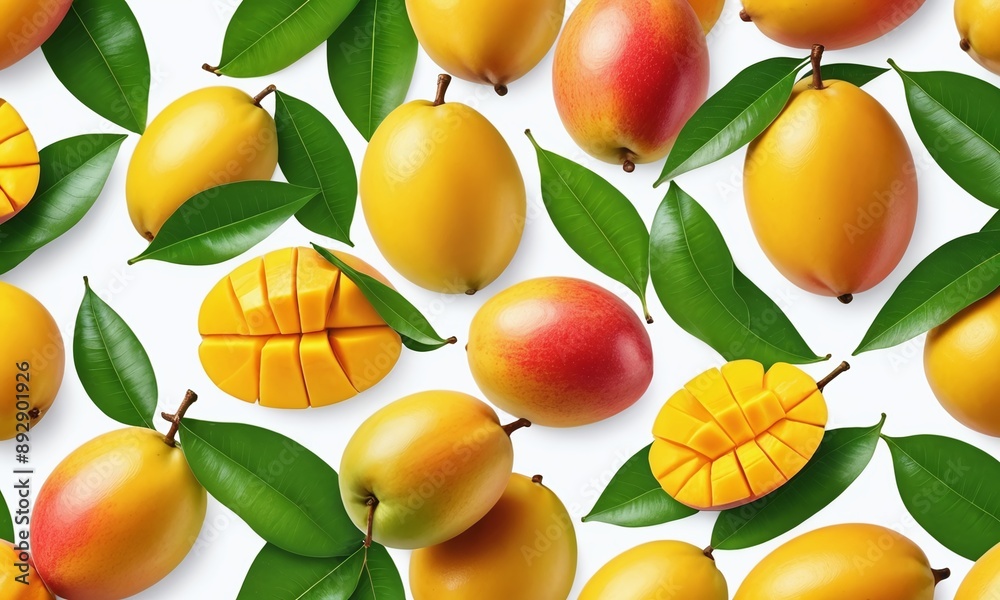 Mango with half slices falling or floating in the air with green leaves isolated on background Mango with half slices falling or floating in the air with green leaves isolated on background